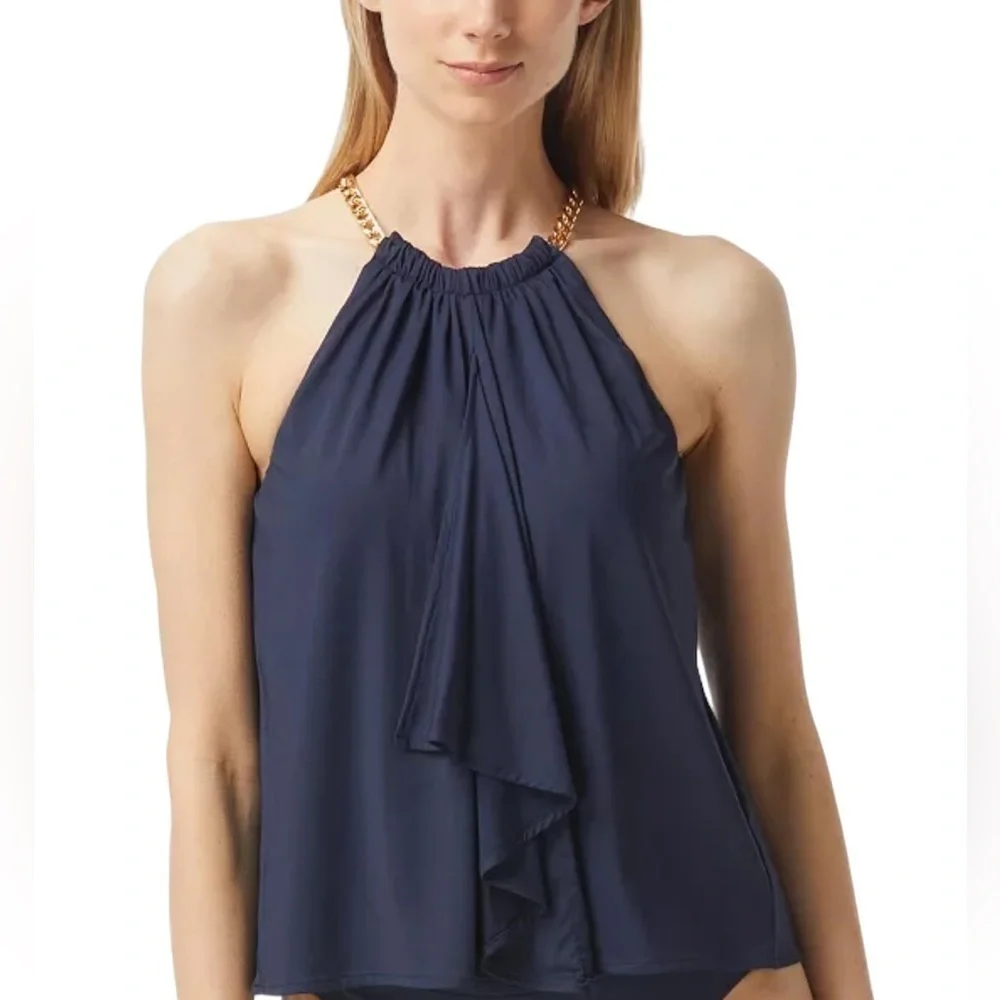 Michael Kors Gold Chain High Neck Flowy Tankini Top Blue Size Small